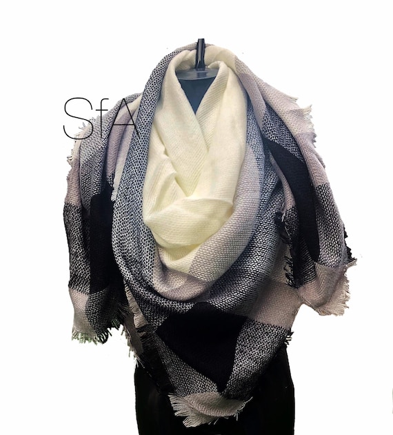 Navy blue, cream and black loose weave square scarf.