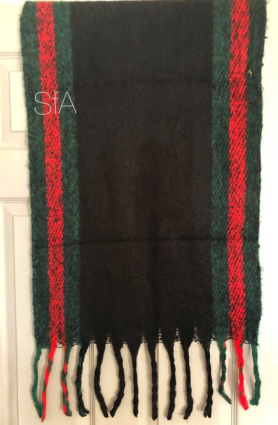 Long panel blanket scarf or shawl, designer inspired, black and green. Super soft, with tassels.