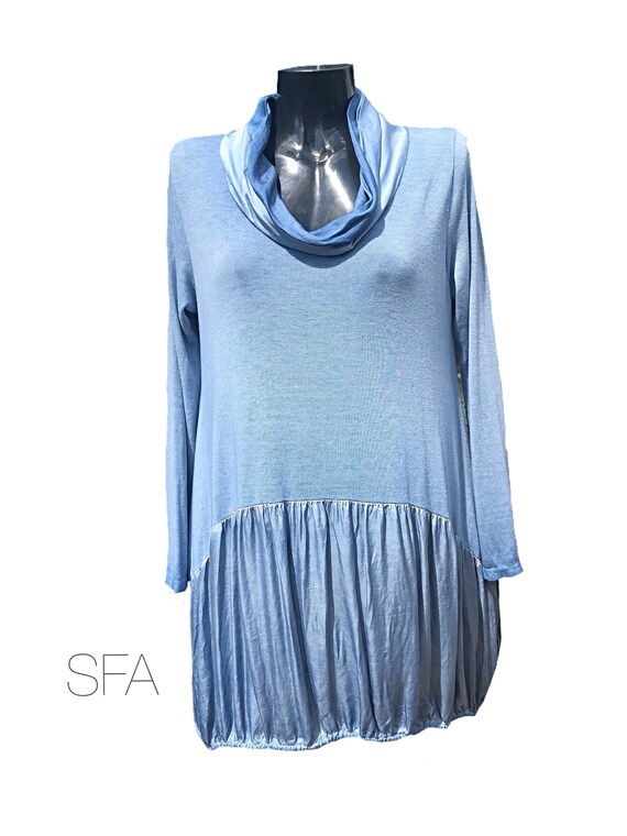 Lagenlook satin cowl neck dress or tunic with drawstring base. Mixed material, fine knitted body, satin cowl and skirt.