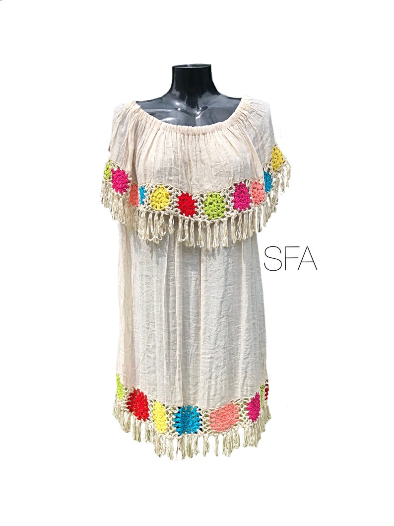 dress Hippy chic gypsy Can be worn in 4 different ways boho bardot top tunic Crochet design with cotton cheescloth body.