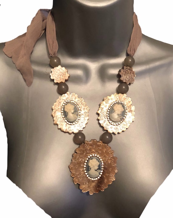The Camilla acrylic cameo necklace, with chiffon tie, in beiges, stunning statement piece.