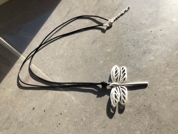 Lagenlook frosted silver or gold dragonfly, on long black leather thread, lobster clasp.