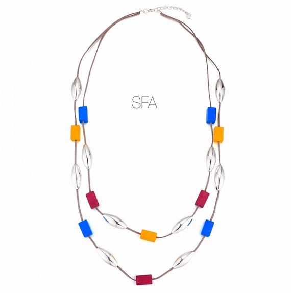 Lagenlook, double row of silver tubes and wooden colourful cubes necklace.