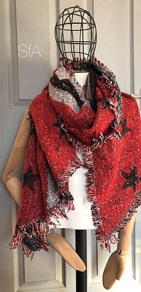 Fabulous unisex blanket scarf, super soft, star scarves, perfect present. In 3 different colours. Red, black and mustard.