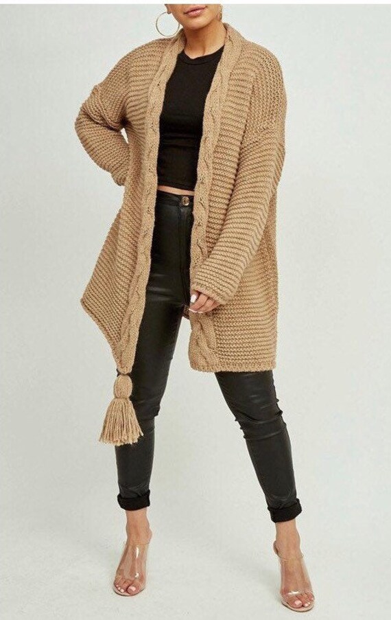 Long Chunky knit cardigan with hood and single tassel. Size 8, 10, 12, 14, 16. Size XLarge