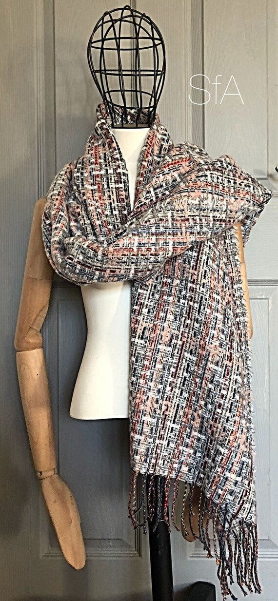 Multi coloured loose weave long panel, shawl, scarf. With tassels, very soft, fabulous mix if colours.