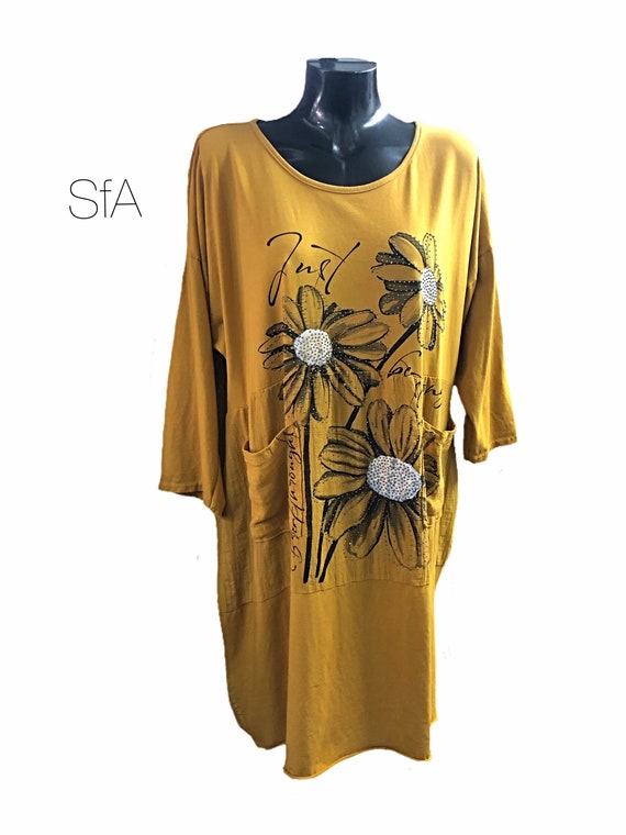 Stunning lagenlook sunflower dress, with grey swirls. Size 12, 14, 16, 18 20 size 3XL
