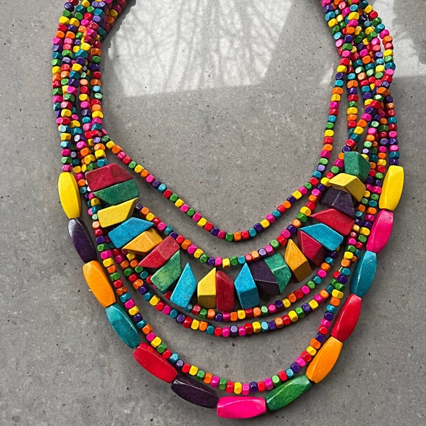 Multi strand wood beaded short 'WoW' necklace. Fab for the lagenlook layered effect. Multi coloured. Bright rainbow.