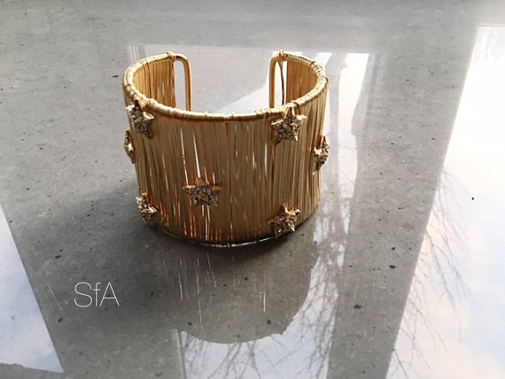 Stunning wide wire wrapped gold bangle cuff, with sparkling star design, gap opening.