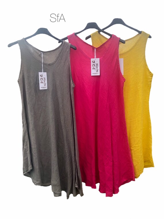 Lagenlook quirky linen tunic or dress, fit and flare, drops to one side, in 3 colours. Size XL4