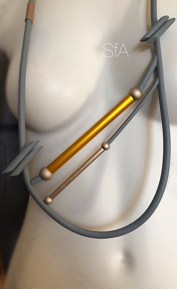 Long rubber necklace. Lagenlook grey, geo, minimalist strand necklace, with frosted gold tubes.