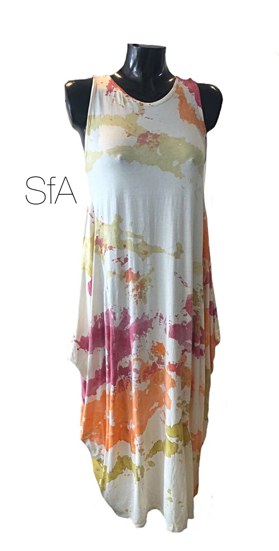 Lagenlook dress parachute sides, can be tied at the front. Ink print. Size 8 to 20 plus UK