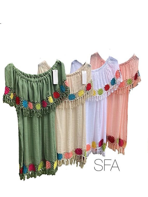 Hippy chic, boho, gypsy, bardot top, tunic, dress. Can be worn in 4 different ways. Crochet design with cotton cheescloth body.