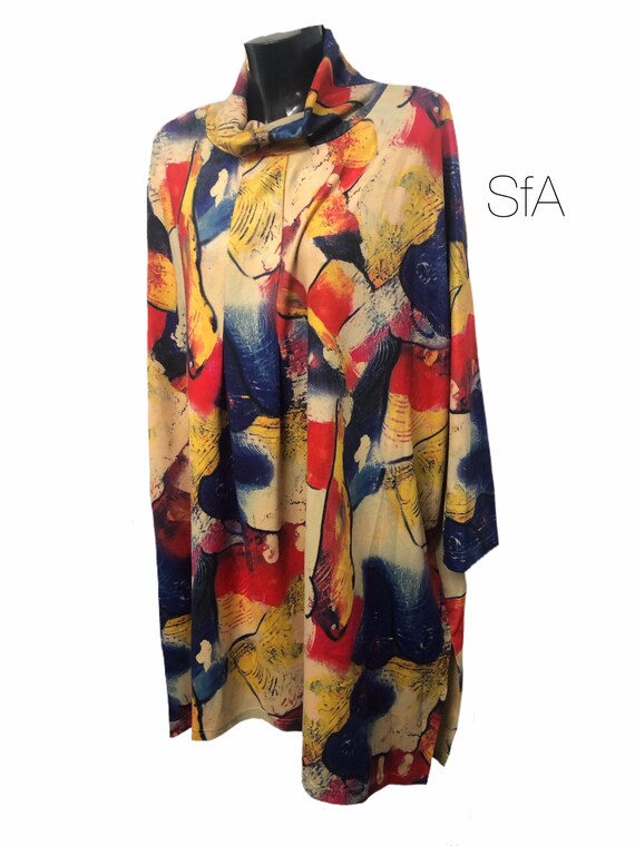 Stunning lagenlook quirky dress, Bella blue, with cowl next and multi coloured pattern. Super soft feel. 2 XL, 3XL, 5XL