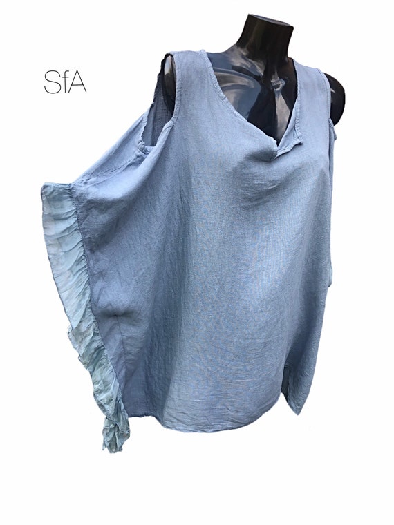 Lagenlook linen, tunic, top, with silk embroidered frill bat winged arm and cold shoulder. In 3 colours. 4XL