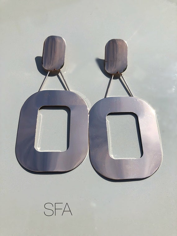 Lagenlook polished gold abstract earrings. With square and swing attached rectangle. For pierced ears.