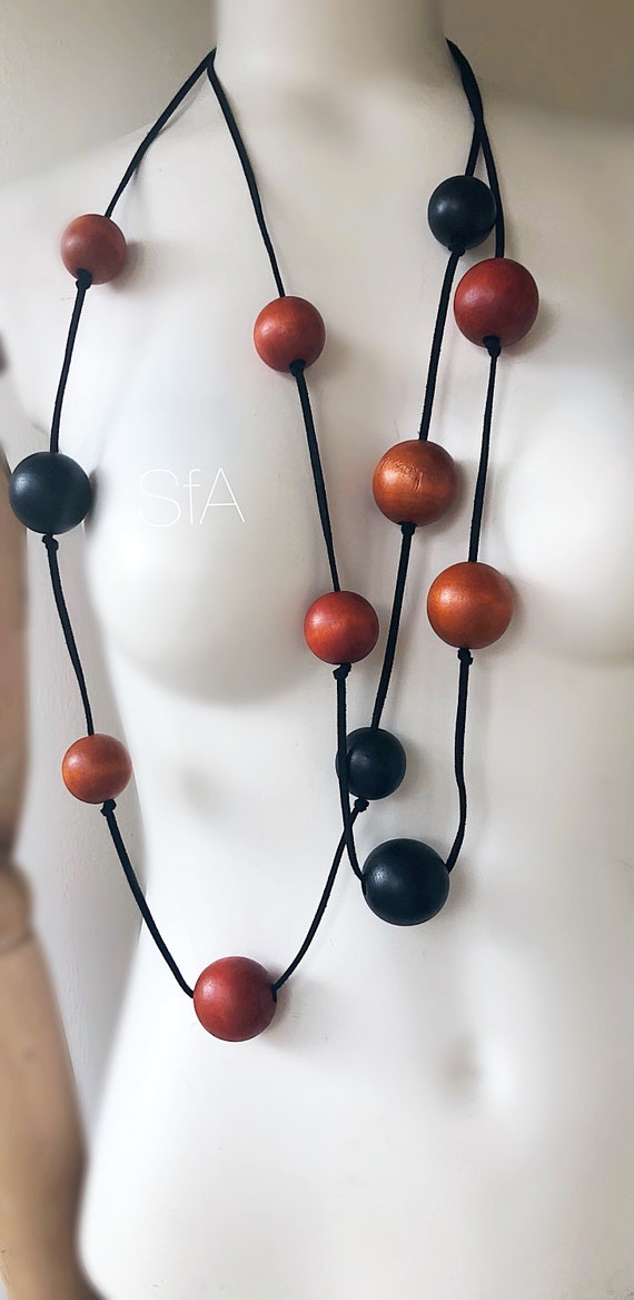 Lagenlook, double of wooden colourful ball necklace. In tan and black.