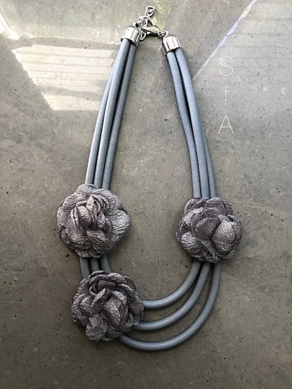 Multi strand rubber necklace, grey rubber WIth Grey satin Flowers.