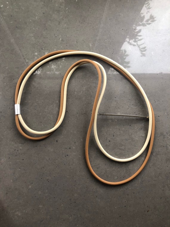 Long geometric necklace, fabulous lagenlook, in caramel and cream, with long metal strip.