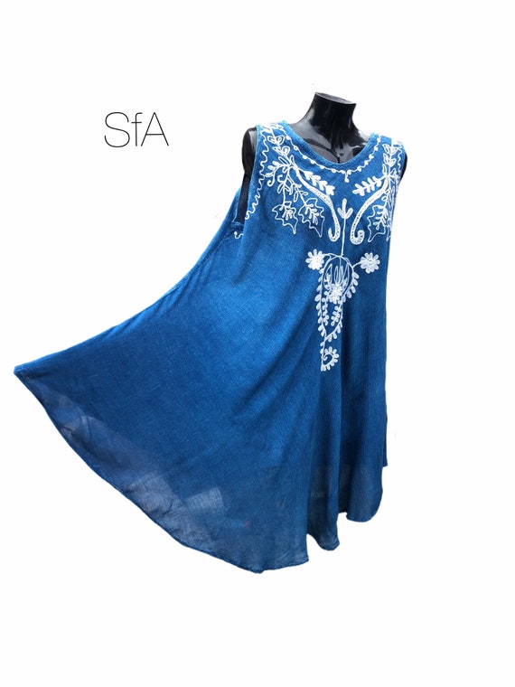 Rayon denim sundress, with white embroidered front panel. Size 12-22 UK 4XL