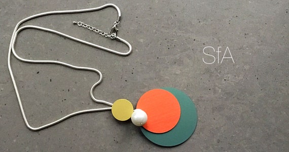 Lagenlook long necklace with silver snake chain and geo acrylic shapes, with a frosted matt silver circle.