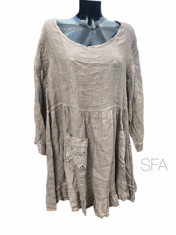 Lagenlook quirky style 100% linen top, smock or tunic, with linen bodice and linen frill. Size 4-5XL one size plus