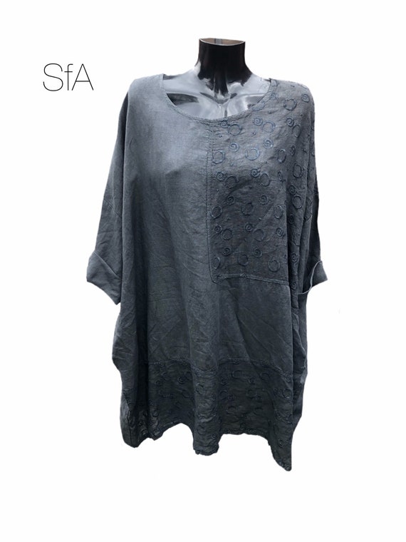 Lagenlook quirky 100% quality linen dress or tunic, with gathered panel sides and deep key hole v-neck. Plus size 4XL