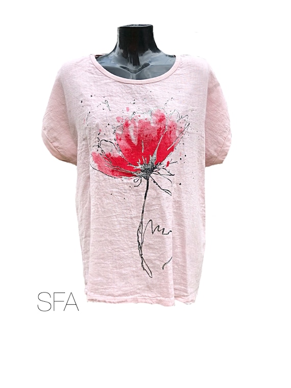 Lagenlook ladies red poppy tunic, with floral print, regular size. In white, pink or grey XL