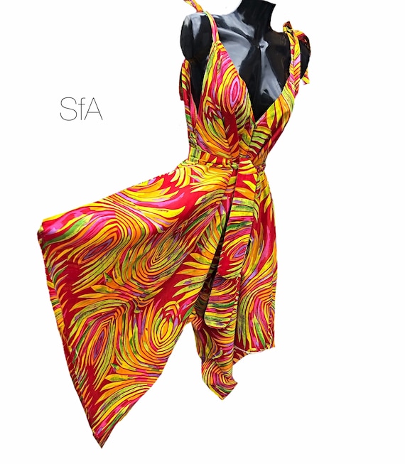 Colourful cullotte dress, either belted or left loose, 100% cotton, screen printed 4 colours size 12-26 Plus