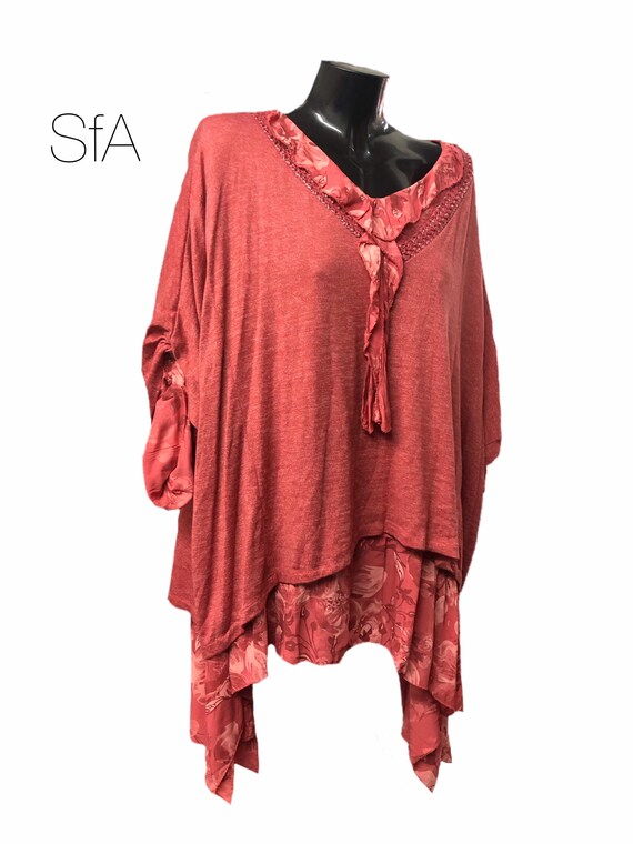 Lagenlook 2 piece tunic set, quirky blouse with fine knit over top. Plus size XXXL, Uk size 14, 16, 18, 20, 22, 24, 26 plus