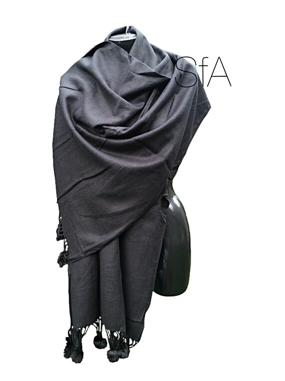 Lagenlook Long black shawl or scarf with pompoms.