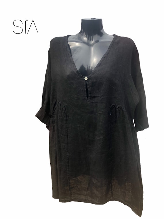 Lagenlook quirky 100% quality linen dress or tunic, with gathered panel sides and deep key hole v-neck. Plus size 4XL