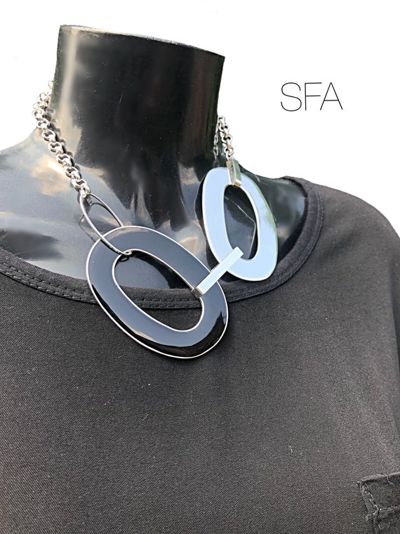 Geo large oval necklace, with black enamel, on a silver belcher chain with lobster clasp and extension chain