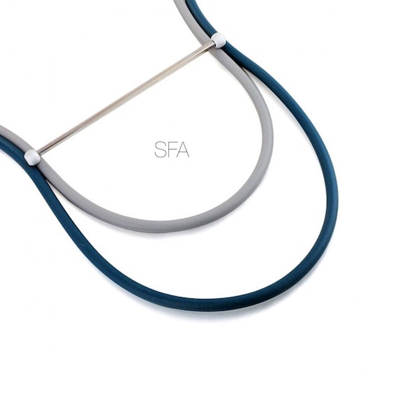 Long geometric necklace, fabulous lagenlook, in teal and grey, with long metal strip.