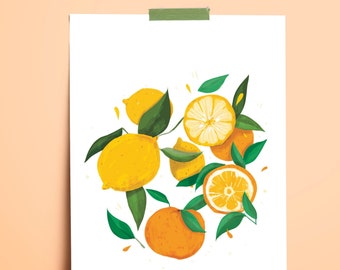 May include: A white background with a cluster of lemons and oranges. The lemons are yellow and the oranges are orange. The fruit is surrounded by green leaves.