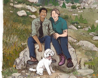 May include: Two people and a white dog are sitting on a rock in front of a mountain range. The people are wearing casual clothing and the dog is looking at the camera.