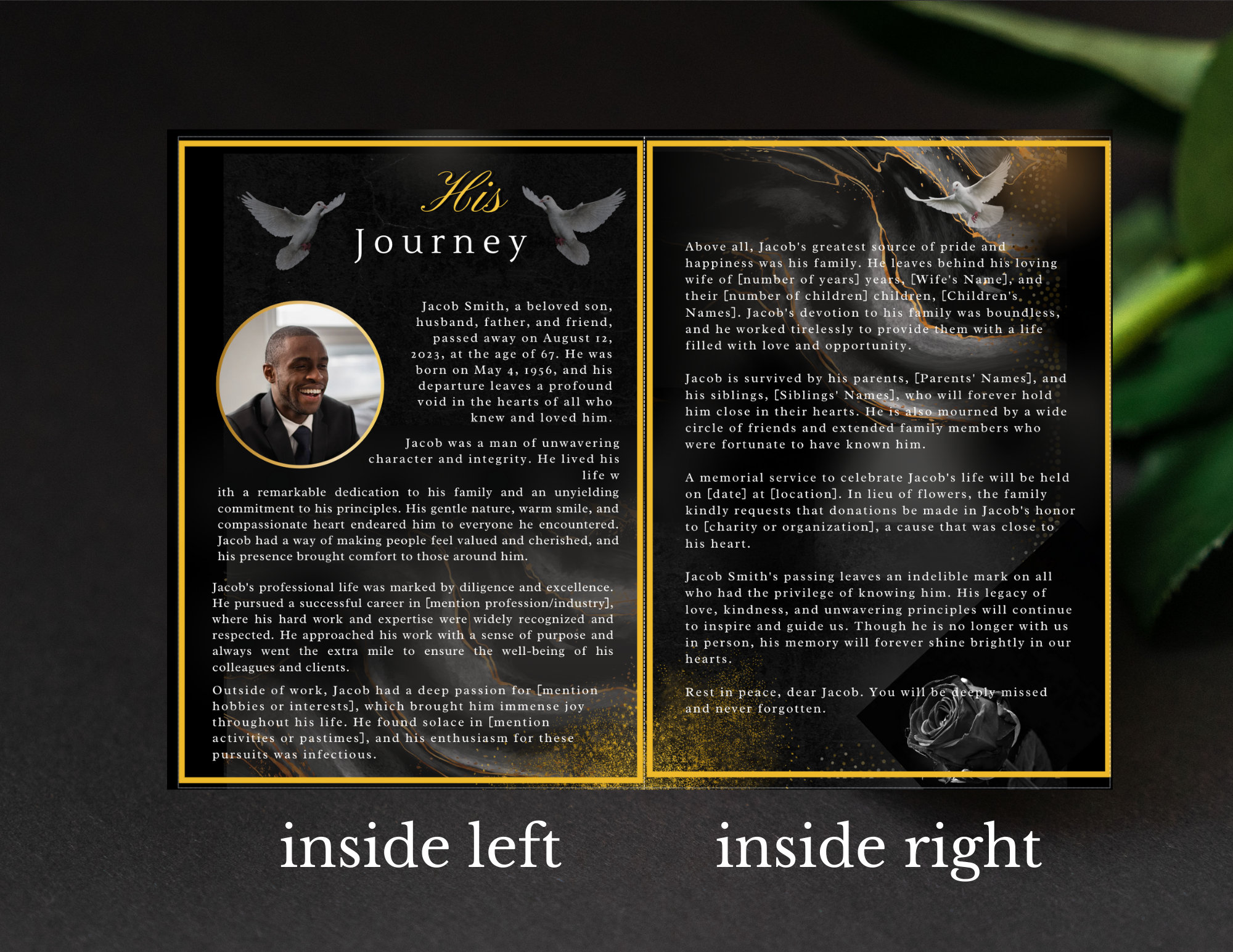Black and Gold Funeral Memorial Obituary Template Customizable Instant