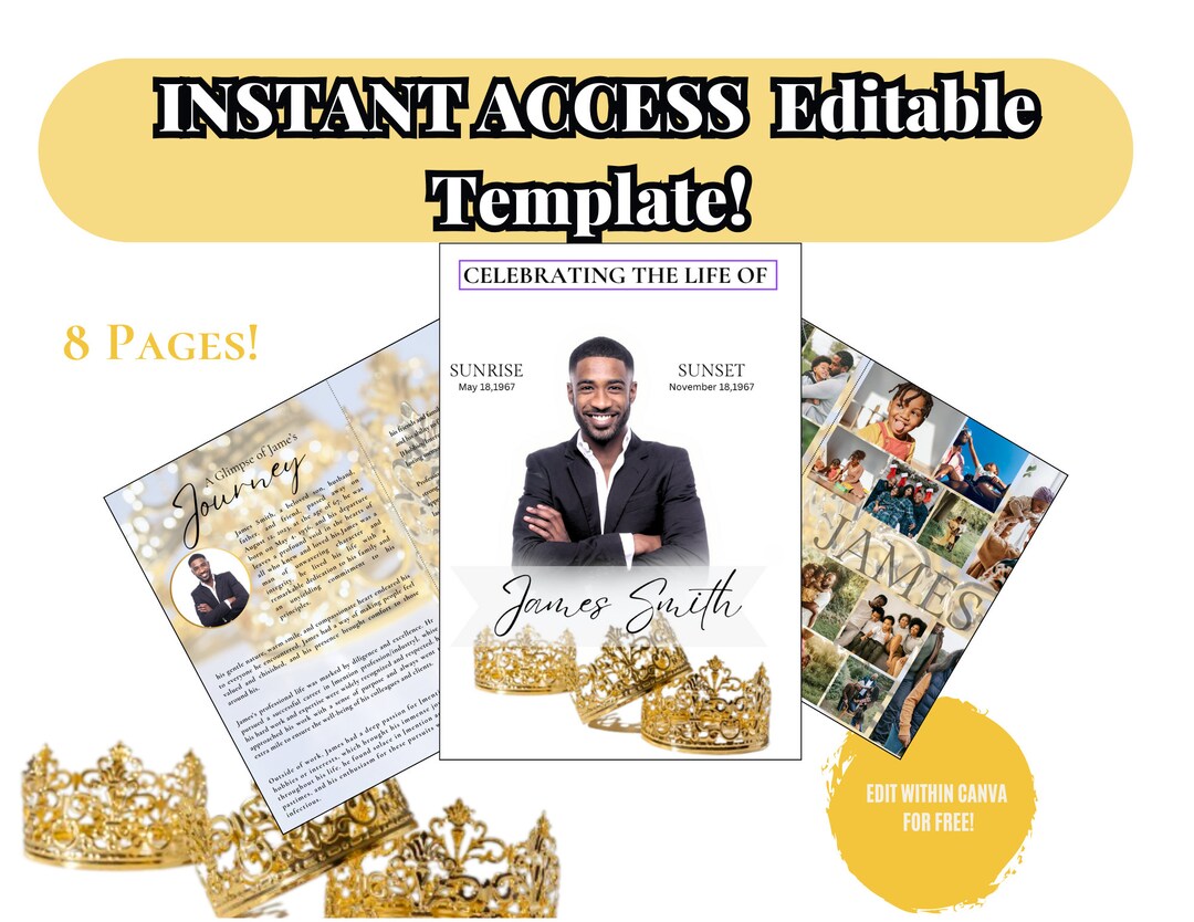 Elegant Crowns Funeral Memorial Obituary Template (Instant Download) Etsy