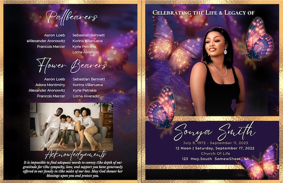 Elegant Butterfly Funeral Obituary Template | Customizable 8-Page Design | Canva Editable | Digital Download for Memorial Programs 11x8.5