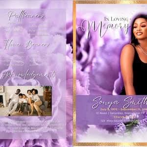 Create a Beautiful Tribute with our Customizable Purple Floral Funeral Program Template | Bi-Fold, 8 Pages | Elegant and Editable