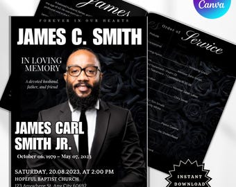Elegant Black  Rose Funeral Memorial Obituary Template | 8-Page Bifold Program