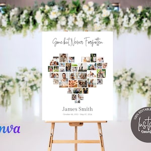 May include: A white poster featuring a heart-shaped photo collage of a person. The text "Gone but Never Forgotten" is at the top of the poster. The name "James Smith" and the dates "October 06, 1952 - May 07, 2024" are below the collage. The poster is on an easel in front of a white wall with white flowers.