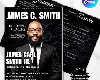 Elegant Black Rose Funeral Memorial Obituary Template | 8-Page Bifold Program 11x17