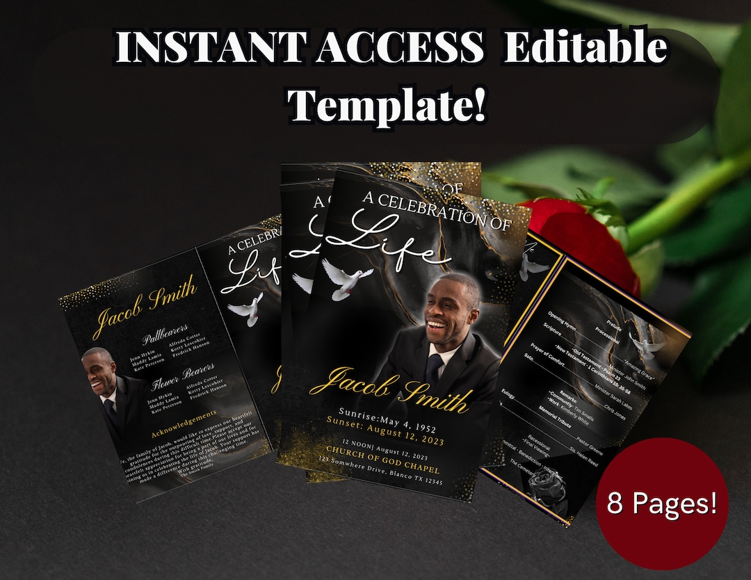 Black and Gold Funeral Memorial Obituary Template Customizable Instant Black and Gold Funeral Memorial Obituary Template Customizable Instant