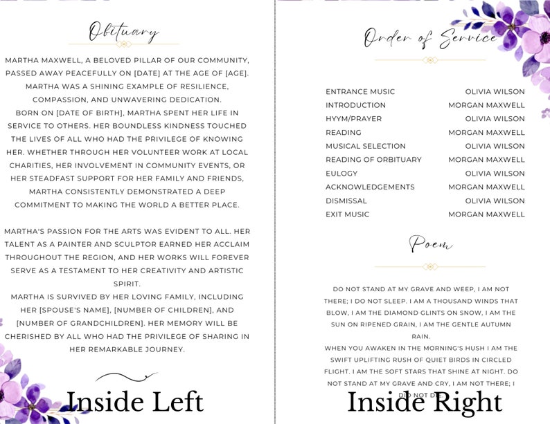 Elegant Purple Floral Funeral Memorial Obituary Template Create a