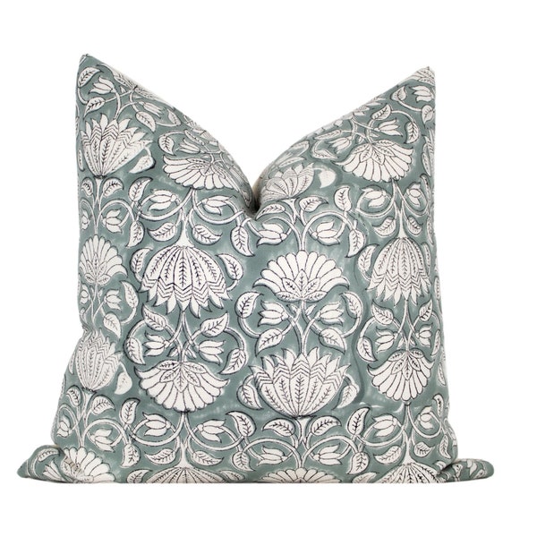 Blue Block Print Pillow Cover - Dusty Blue