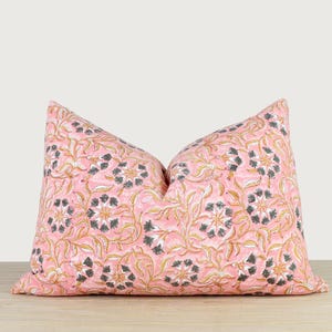 Pink Block Print Floral Pillow Cover - Blush Blue