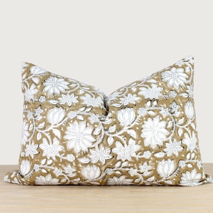 Brown Block Print Floral Pillow Cover - Lumbar Flower Pillow Tan Beige Black