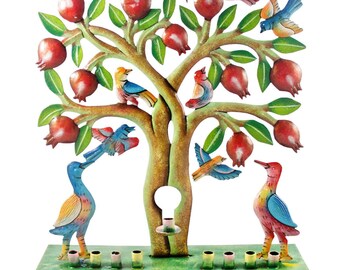 menorah, hanukiah,pomegranates, birds, birds in tree, recycled oil drum, steel drum, chanukah, hanukkah, judaica, kosher menorah, painted