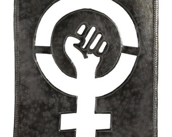 feminist, metal art, Haitain metal art, recycled metal art, political art, outdoor art, female sign, women power, woman sign, steel drum art